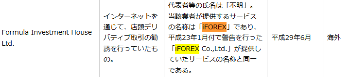 iFOREXは日本の金融庁から警告を受けている