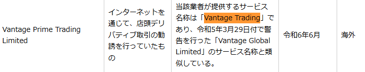 Vantageは日本の金融庁から警告を受けている