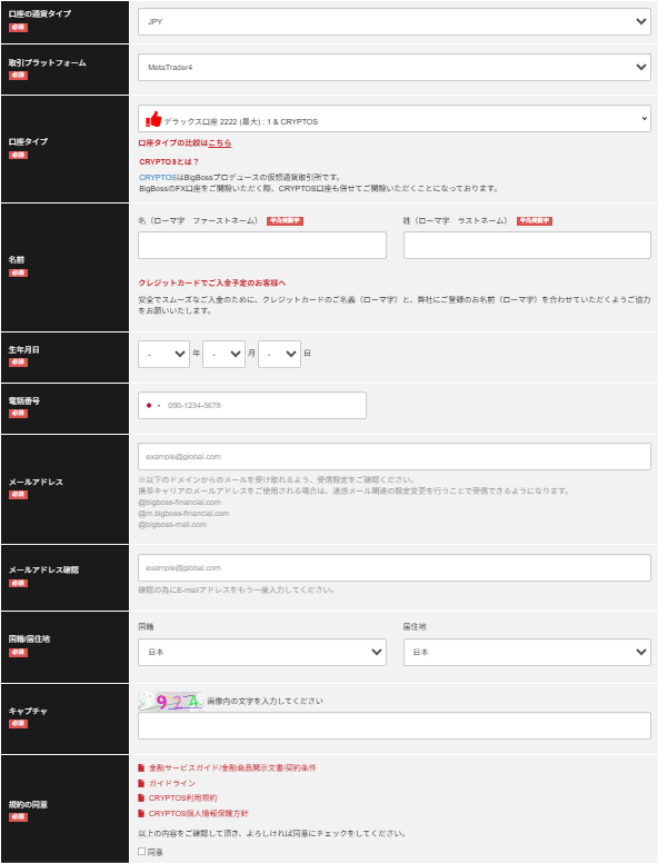 BigBossの口座開設フォーム